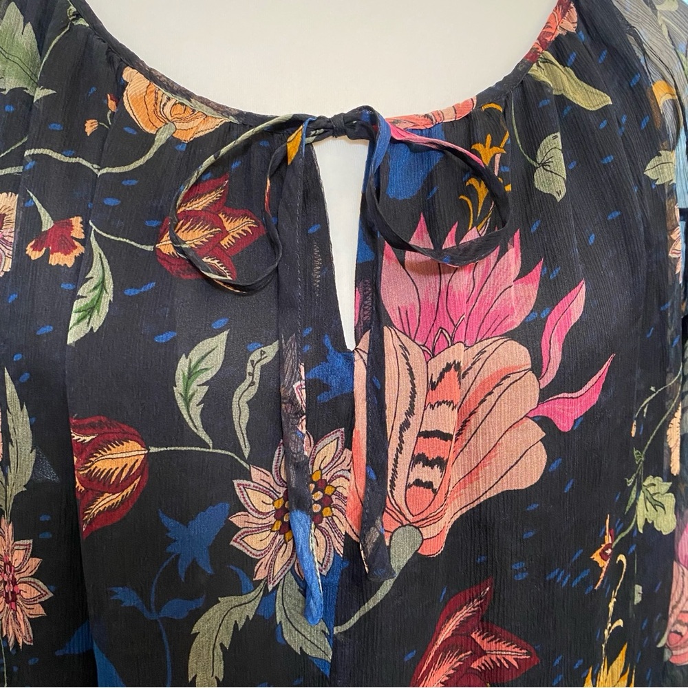 JOHNNY WAS NAVY BLUE GREEN FLORAL PRINT SILK SHEER LONG SLEEVE TAURI MAXI DRESS - Picture 9 of 13
